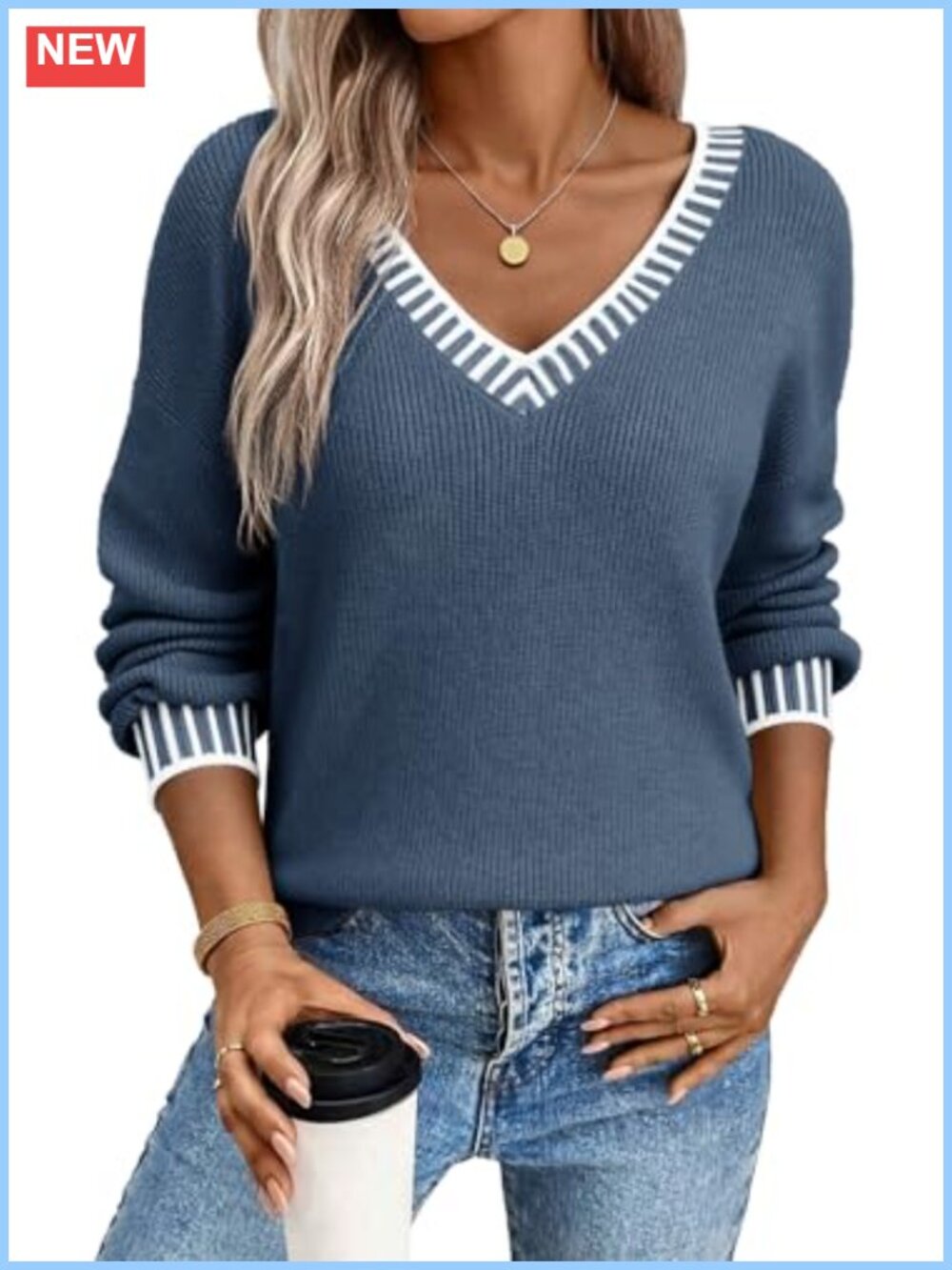 V Neck Long Sleeve Cable Knit Pullover Sweater Loose Fit Women's